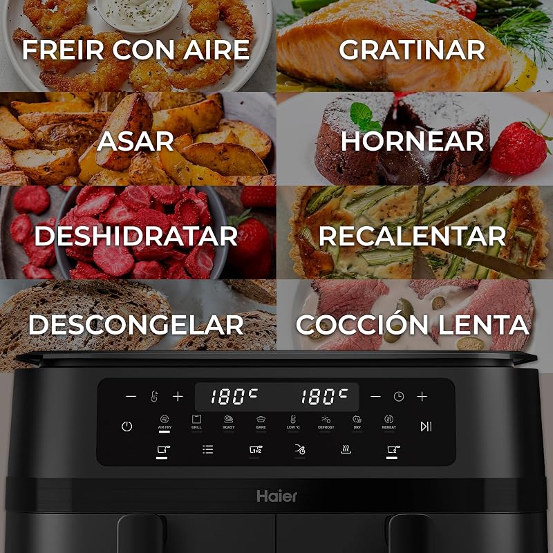 Fritadeira de ar de gaveta dupla 11L, 8 em 1: Fritar a ar, grelhar, assar, cozer, desidratar, reaquecer, descongelar, cozinhar lentamente, função de sincronização, antiaderente, máquina de lavar loiça [HAF3AD]