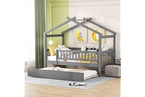HARPER & BRIGHT DESIGNS Twin House Bed with Trundle, Kids Twin Platform Bed Frame with Rails and Roof, Tent Bed, Wood Playhouse Bed Twin Montessori Bed for Kids Teens Girls & Boys, No Box Spring Needed (Gray)
