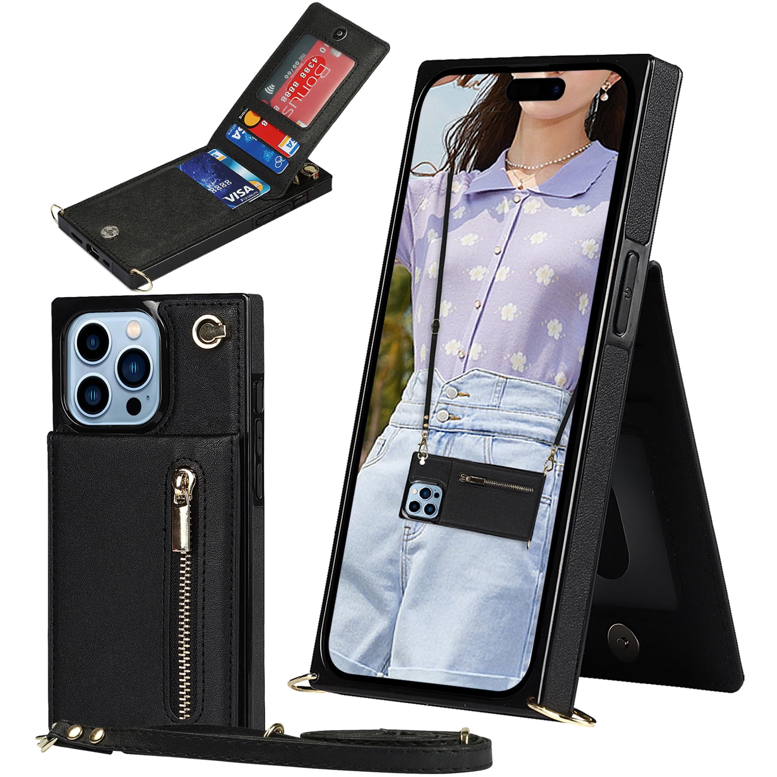 Ysnzaq Crossbody Wallet Case for iPhone 15 Pro Max 6.7", Flip Folio Lanyard Zipper for Women Girls with Card Holder Money Pocket Phone Case Cover for Apple/iPhone 15 Pro Max.XK Black