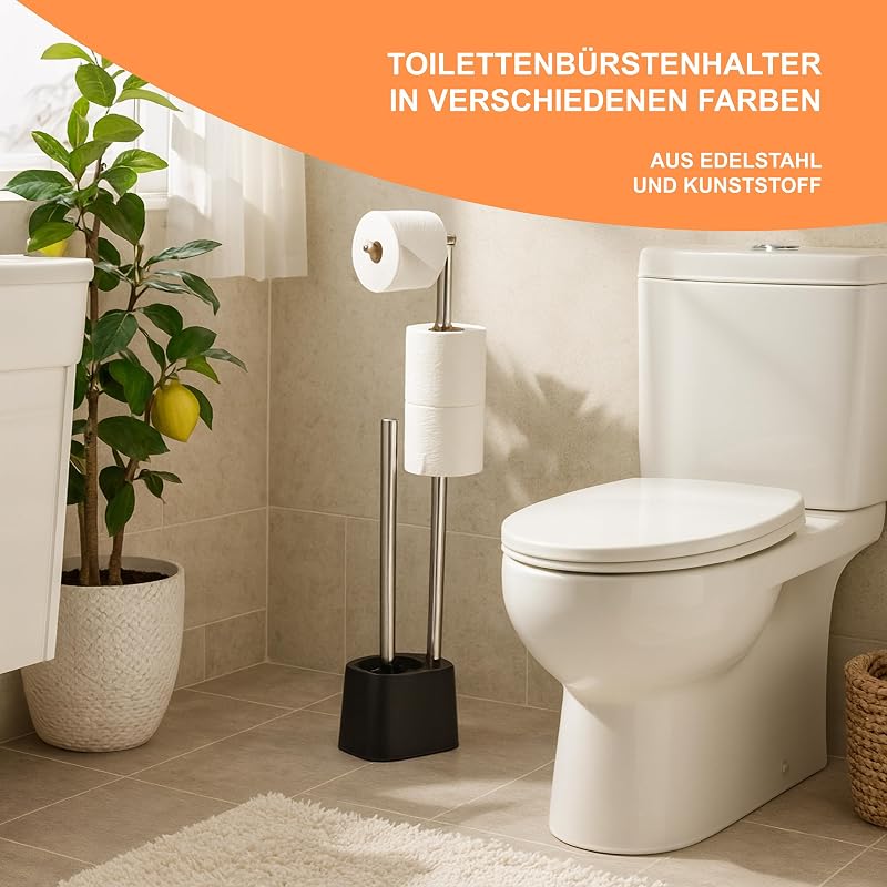 WC Garnitur, Edelstahl, 65,5x13x16 cm, stehender Klopapierhalter, Toilettenbürste mit Bürstenhalter, Farbwahl