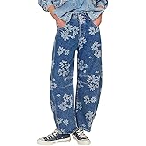 ebossy Women's Retro Floral Print Barrel Jeans Mid Rise Wide Leg Baggy Boyfriend Horseshoe Denim Pants