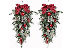 PRTECY 2Pcs Artificial Christmas Swag 21.6 Inch Christmas Teardrop Door Swag with Pinecones Red Berries Ribbon Bow Flocked Greenery Pine Needles Wreath for Holiday Wall Door Lintel Festival Winter Decor(#1)