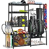 Insdiy Large Sports Organizer for Garage, Ball Storage Rack Garage Sports Equipment Organizer with Side Racks, Baskets, Hooks, Multi-Purpose Golf Gear Storage for Gym Indoor Outdoor