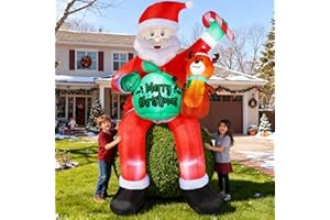 PUPPILUV Christmas Inflatables Decorations Outdoor, 8FT Rooftop Santa Claus, Blow Up Sitting Santa with Gift Candy and Reindeer, Inflatable Yard Decor with Built-in LED Lights for Xmas Garden Lawn Party