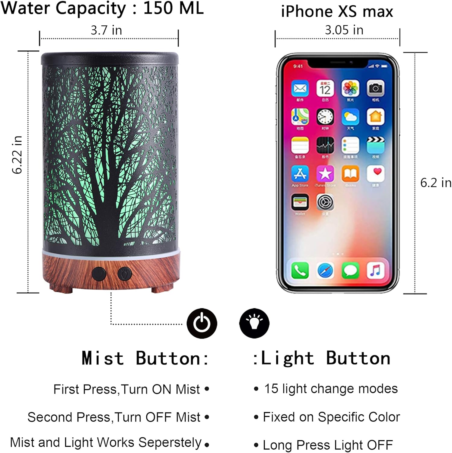 Essential Oil Diffuser, Ultrasonic Diffusers for Essential Oils 150ML Metal Aromatherapy Cool Mist Humidifier with Adjustable Mist Mode Waterless Auto Shut-Off 15 Lighting Changed Modes LED (Tree): Kitchen & Dining