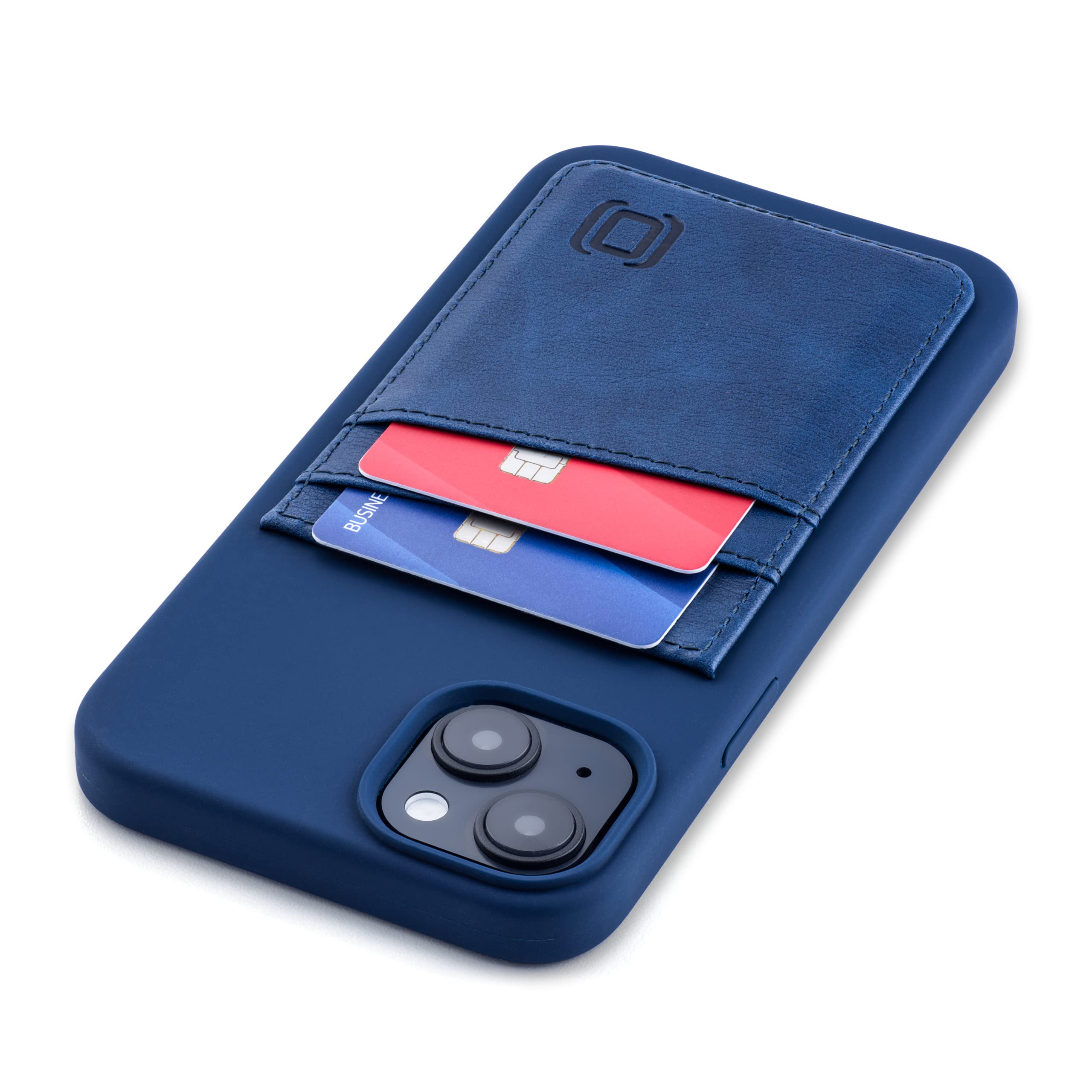 Dockem Card Case for iPhone 14 Plus with Liquid Silicone Shell, Built-in Metal Plate for Magnetic Mounting & Stitched-on Wallet with 2 Premium Synthetic Leather Credit Card Slots (M2L, Navy Blue)