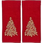 Serafina Home Christmas Bathroom Hand Towels- Set of 2 100% Cotton Red Embroidered Gold Xmas Tree Design- 16 x 25 Bath & Kitchen Decor