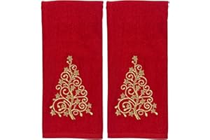 SERAFINA HOME Christmas Bathroom Hand Towels- Set of 2 100% Cotton Red Embroidered Gold Xmas Tree Design- 16 x 25 Bath & Kitchen Decor