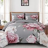 Dobuyly Pink and Grey Comforter Set Queen Size 7 Piece Bed in a Bag, Floral Printed on Gray Comforter Set with Sheets, Soft Microfiber Botanical Complete Bedding Set for All Season