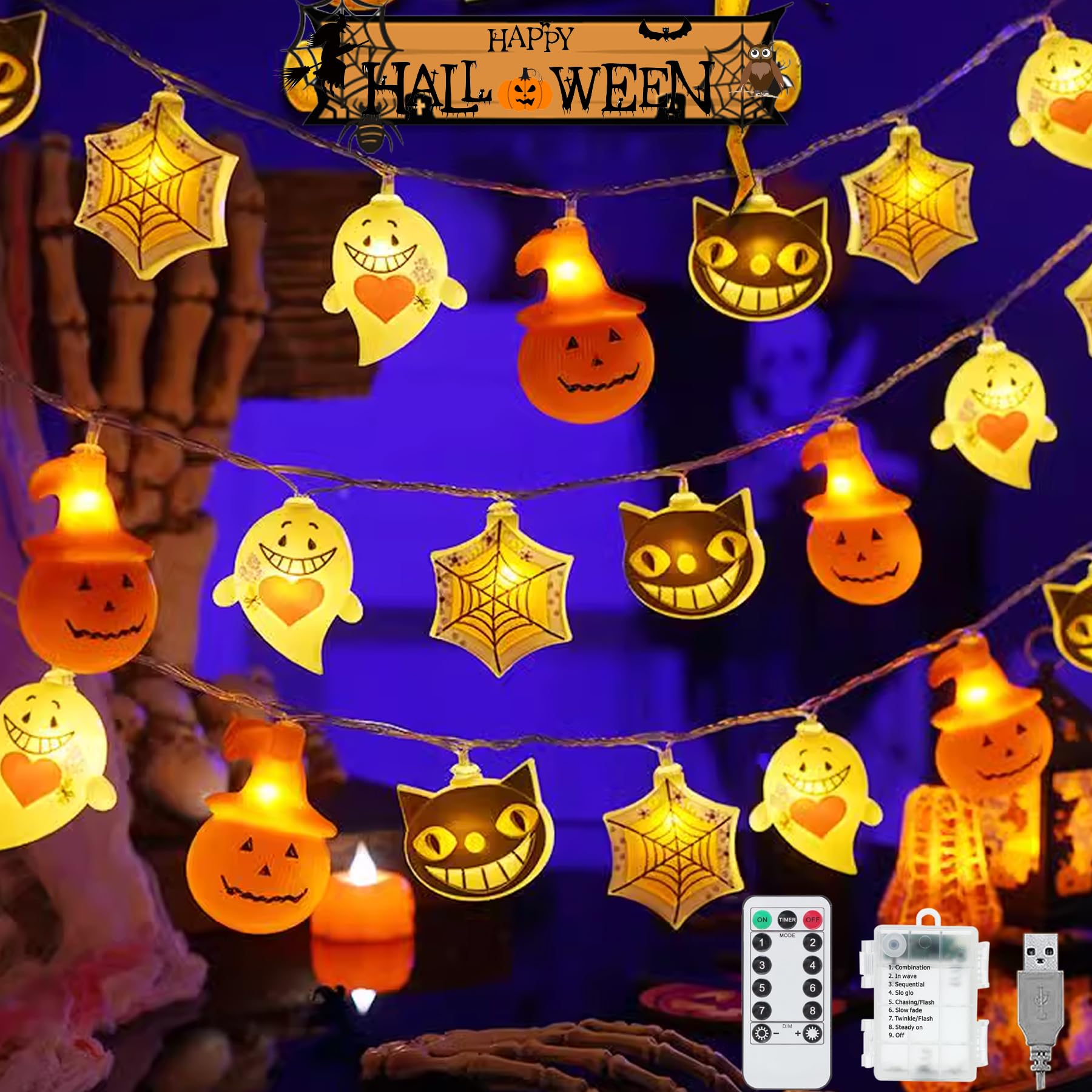 VEEKAY Halloween Decorative Fairy Lights, 3 m 20 LED Halloween Fairy Lights Decoration, IP44 Waterproof, Fairy Lights Outdoor Halloween Decoration Pumpkin, Ghosts, Cat Pendant for Halloween Decoration
