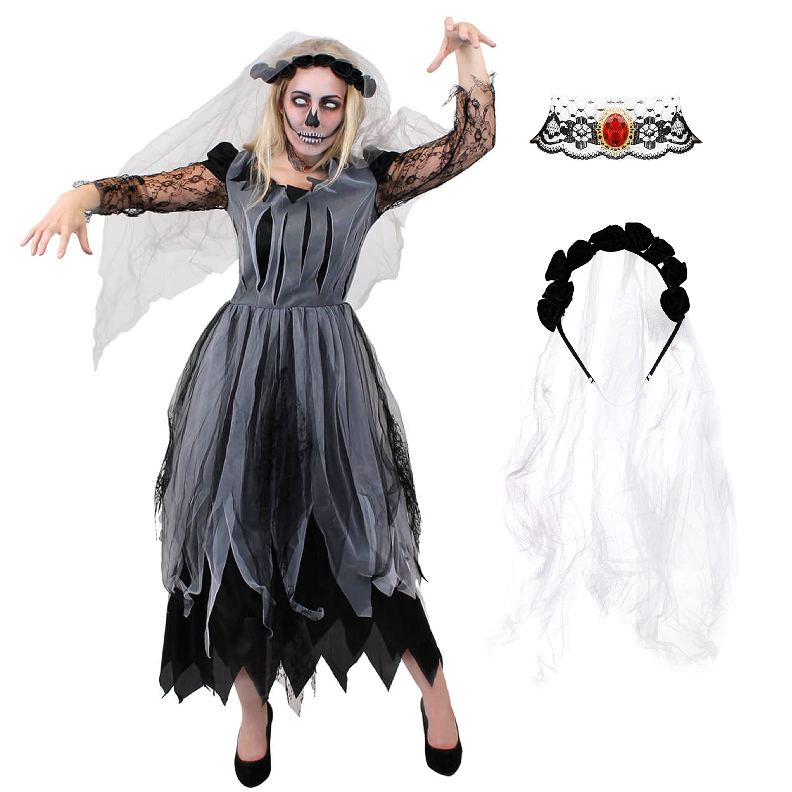 LADIES GHOST BRIDE HALLOWEEN FANCY DRESS - BLACK CORPSE BRIDE WEDDING DRESS - PERFECT FOR HALLOWEEN OR ANY FANCY DRESS PARTY - SIZE: XLARGE