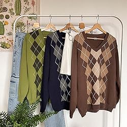 Women Y2K Argyle Striped Pullover Sweater Casual