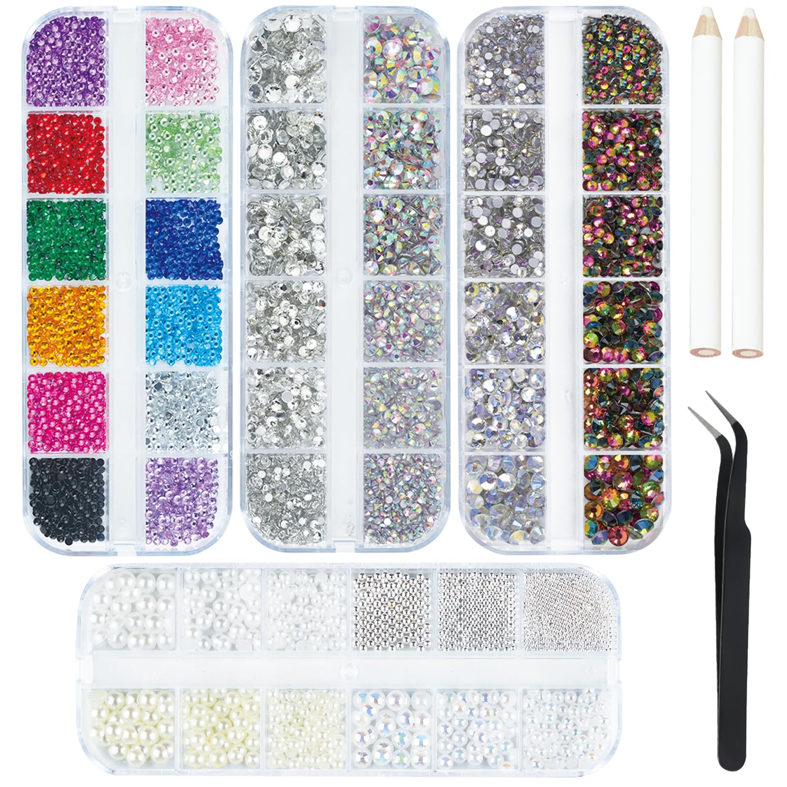 EARLMONI 7200PCS Rhinestones, Crystal AB Nail Art Gems with Nail Pearls Nail Caviar Beads, Pick Up Tweezers, Crystal Rhinestone Pickers, Flat Back Nail Gems for Nail Art, Clothes, Face, Craft