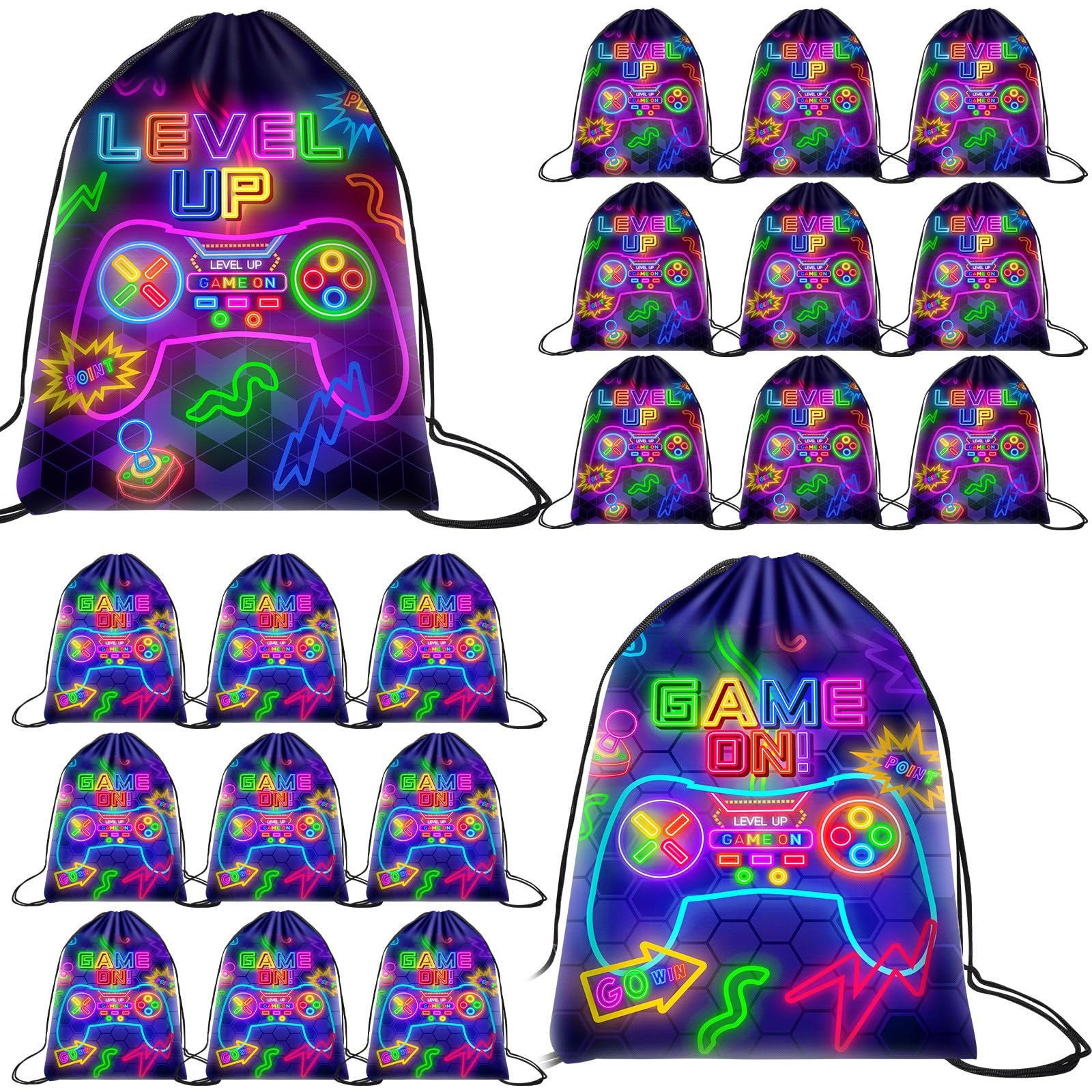 Photo 1 of Eccliy 20 Pcs Video Game Party Favor Bags Gamer Birthday Party Drawstring Bags for Kids Boys Girls 12 x 10 Inch Gaming Goodie Treat for Game on Theme Decorations Supplies(Neon,Classic Style)