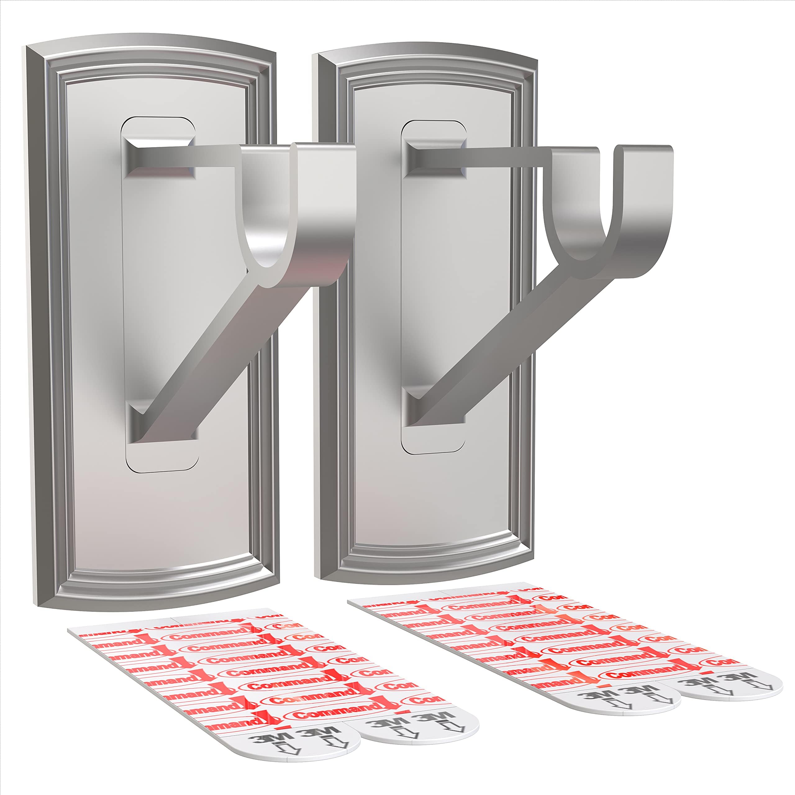 Stick Hang-No Drill Adhesive Curtain Rod Bracket-Easy & Damage Free Holders-No Tools Required (Silver, 2 Pack)