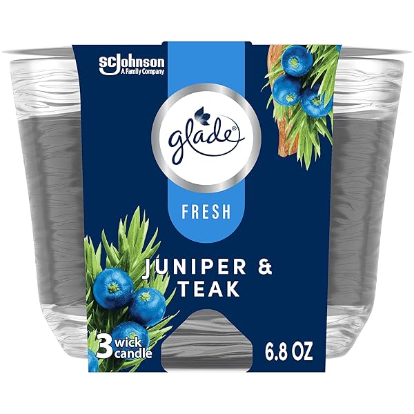 GLADE CANDLE JUNIPER & TEAK, FRESH COLLECTION, FRAGRANCE CANDLE INFUSED WITH ESSENTIAL OILS, AIR FRESHENER CANDLE, 3-WICK CANDLE, 6.8 OZ