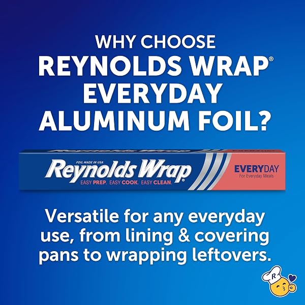 REYNOLDS WRAP EVERYDAY STRENGTH ALUMINUM FOIL ROLL, FREEZER SAFE AND GRILL SAFE, GREAT FOR FOIL PACKETS AND HOME COOKING, 12 INCHES WIDE, 30 TOTAL SQ. FT.