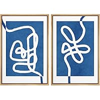 SIGNWIN Framed Wall Art Print Set White Line Contrasting Blue Backround Abstract Swirly Digital Art Modern Art Mid-Century Modern Expressive for Living Room, Bedroom, Office - 16