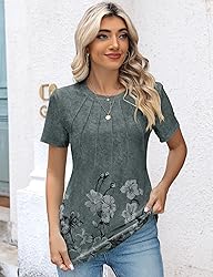 Kistore Womens Summer Crew Neck Pleated Floral Tops
