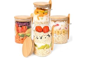 Overnight Oats Jars with Spoons-4 Pack 18oz Overnight Oats Containers with Lids-Glass Jar with Bamboo Lids for Chia Seed Pudd