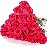 Hotop 20 Pcs Artificial Rose Flowers with Long Stem,Real Touch Silk Realistic Plastic Bouquet Roses Bulk for Home Decor Bridal Wedding Party Table Centerpieces Decorations(Hot Pink)