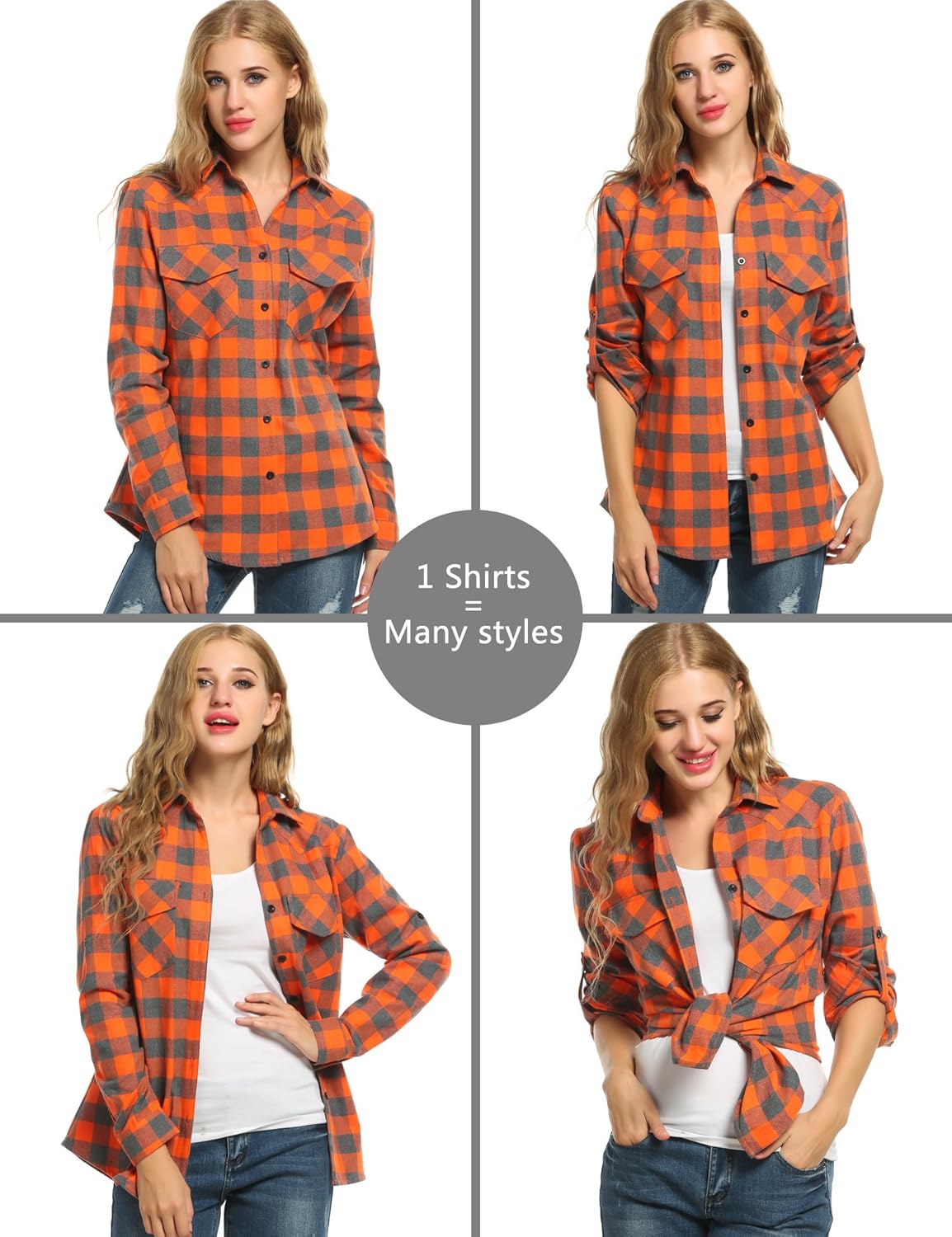 Womens Flannel Shirt Tartan Gingham Checkered Long Sleeve Button Down Plaid Shirt: Clothing