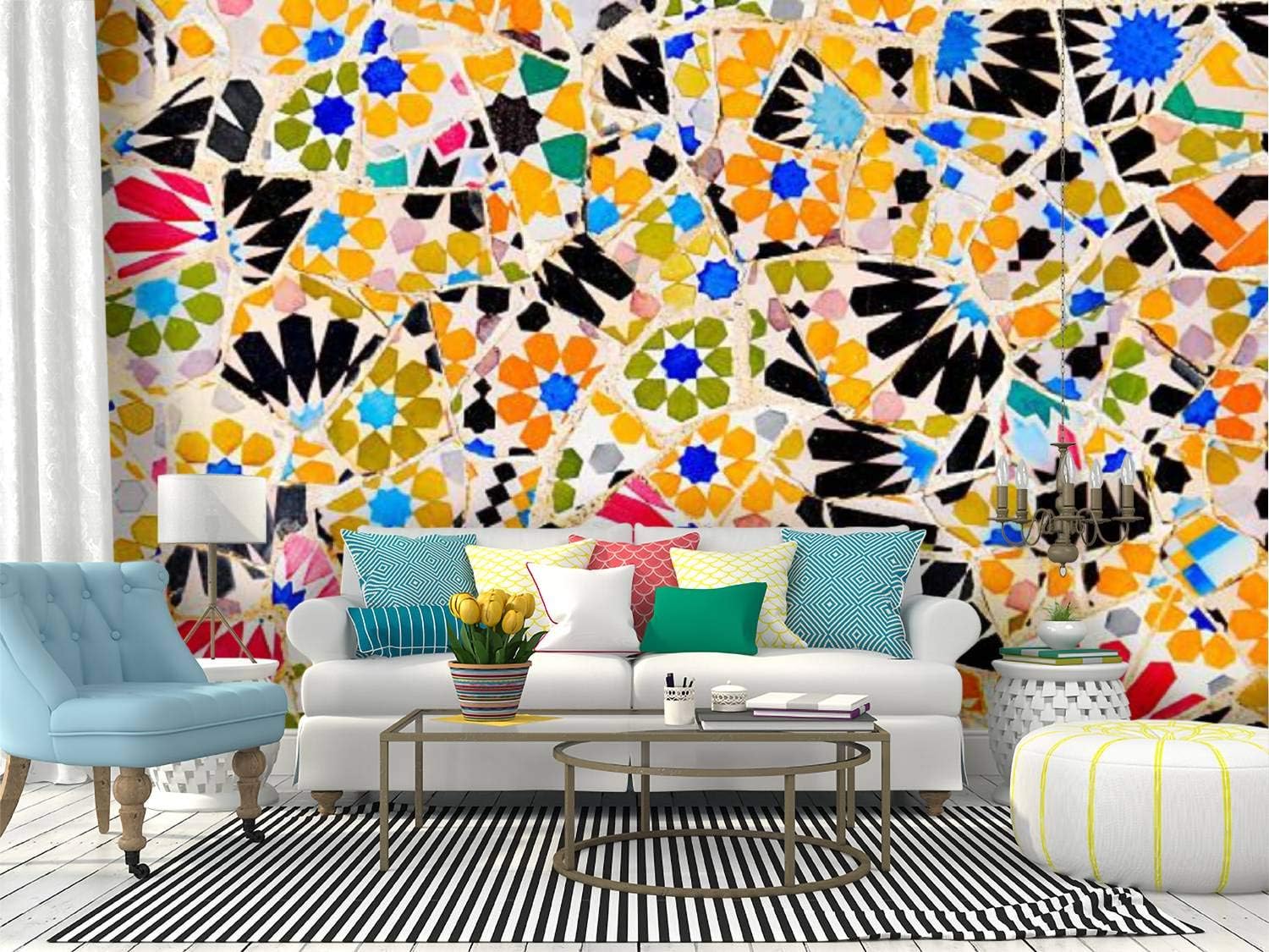 Colorful tiles patchwork close up in Gaudi Park Barcelona Spain Canvas Print Wallpaper Wall Mural Self Adhesive Peel & Stick Wallpaper Home Craft Wall Decal Wall Poster Sticker for Living Room