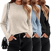 Huukeay 3 Pack Women's Long Sleeve Sweaters, Lightweight Crew Neck Shirts Regular Fit Tunic Tops Casual Solid Color Pullover