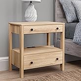 MINCETA Nightstand with Charging Station, Wood Storage End Table with 2 Drawers & Open Shelf, Modern Bedside Table with USB &