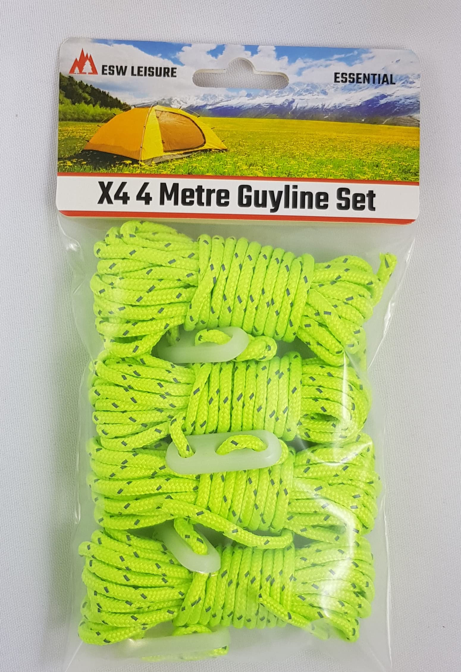 ESW LEISURE Guyline Ropes 4 Pack For Tents Awning Camping Strong Lightweight Paracord Guy Rope With Tensioner Guy Lines Fishing Caravan Gazebo (Reflective Fluorescent 4M, 4 Metre X4 XL 4 Pack)