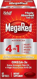 Omega-3 Fish & Krill Oil Supplement 900mg - MegaRed Advanced 4in1, 60 softgels, 2x More Omega-3, Heart, Joint, Brain and Eye Supplement
