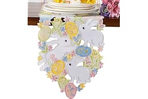 GRANDDECO Easter Table Runner Spring Bunnys Flowery Table Runner Cutwork Embroidered Floral and Bunnys Dresser Scarf Table Topper Home Kitchen Dining Tabletop Decoration (Runner 13"×36", Bunny)
