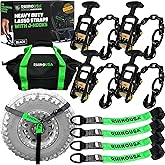 Rhino USA Car Hauler Tie Down Straps (4-Pack) - 2inx8ft Lasso with J Hooks | 10,000lb Break Strength Car Hauler Straps with Lasso Wheel Design. Heavy Duty T-Handle for Trailers, UTV &amp; Powersports. Black