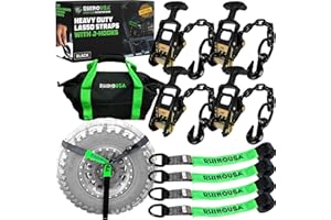 Rhino USA Car Tie Down Straps with J Hooks – 4 Pack 2" x8' – 10,000lbs Break Strength – Heavy Duty T-Handle Car Hauler Tire Lasso Wheel Straps for Trailers, UTV & Powersports – Black