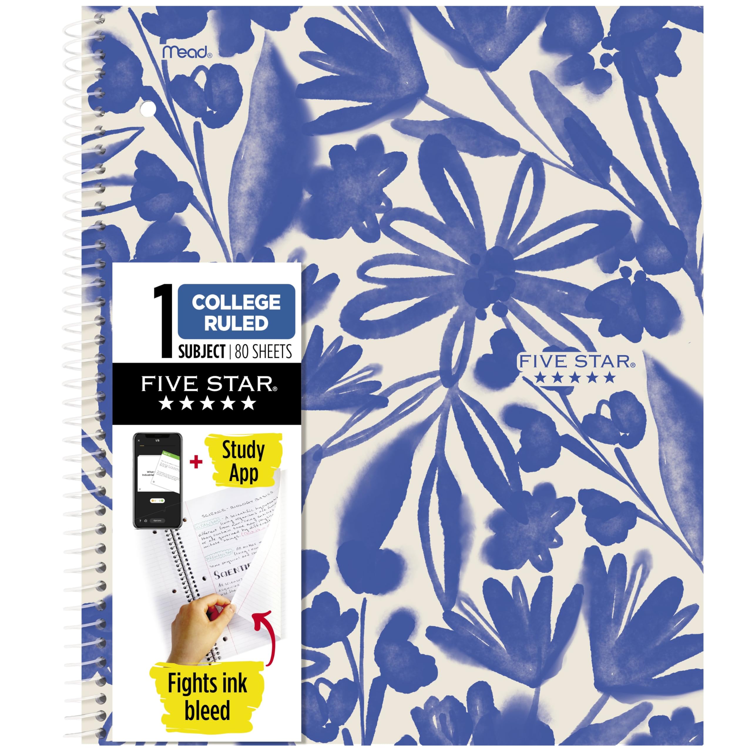 Photo 1 of Five Star Spiral Notebook + Study App, 1 Subject, College Ruled Paper, 8-1/2" x 11", 80 Sheets, Fights Ink Bleed, Water Resistant Cover, Soft Petals Blue (820441F-ECM)