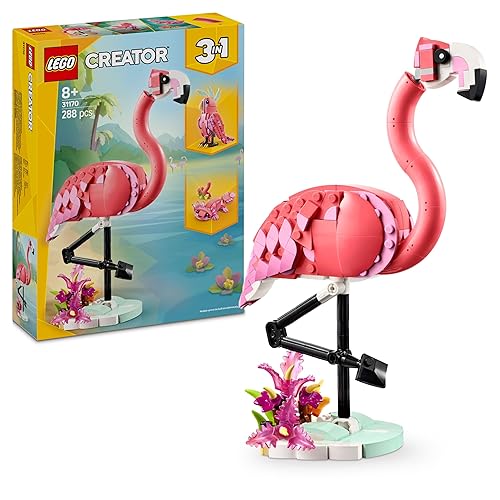 LEGO Creator 3in1 Wild Animals: Pink Flamingo Toy - Transforms into a Cockatoo Parrot Figure or Axolotl - Creative Birthday Gift for 8+ Year Old Girls & Boys - 31170