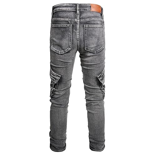 Mens Jeans Skinny Fit Stretch Grey Slim Fit Cargo Jeans for Men