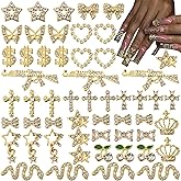 OPMADM 64 Pcs Gold Nail Charms and Gems Y2k Charms for Nails Design Metal Nail Jewels for Nail Art 3D Nail Bow Cherry Butterfly Star Cross Heart Money