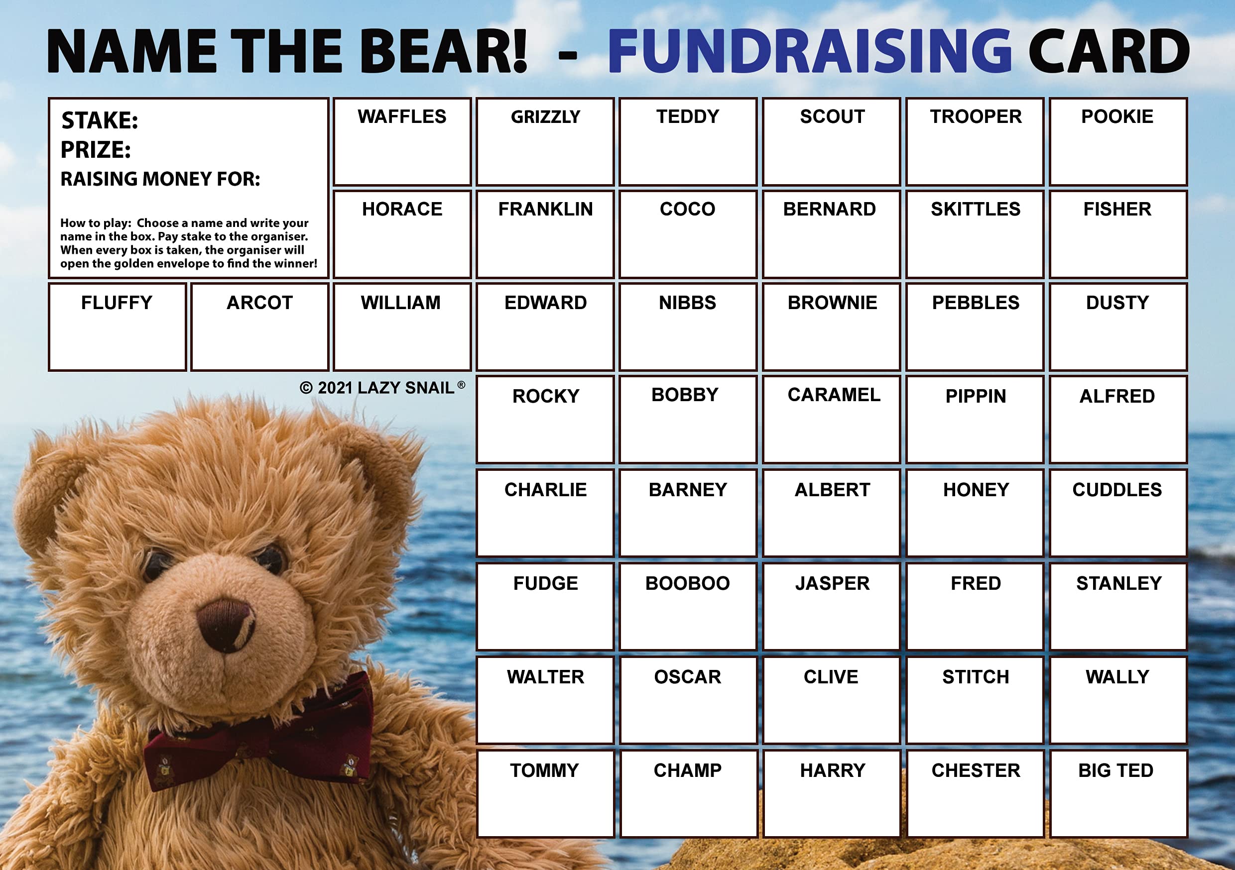 Lazy Snail ‘Name the Bear’ Fundraising Cards – Pack of 8 (A4 Size, 45 Squares per Card) – Fun Golden Winner Envelopes – Full Colour Charity Fundraising Game for Schools, PTAs & Community Events