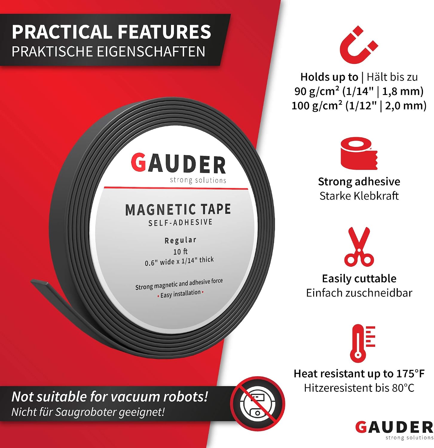 GAUDER Magnetic Tape Self-Adhesive Strong, Cuttable Magnet Strip with High Magnetic Strength - Image 3