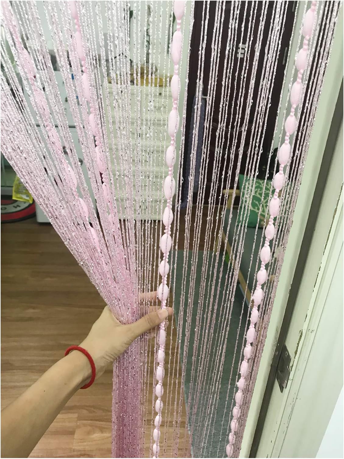 Eyotool Door String Curtain Flat Silver Ribbon Thread with Shaggy Tassel Room Divider, 39’’x79’’ (Pink)