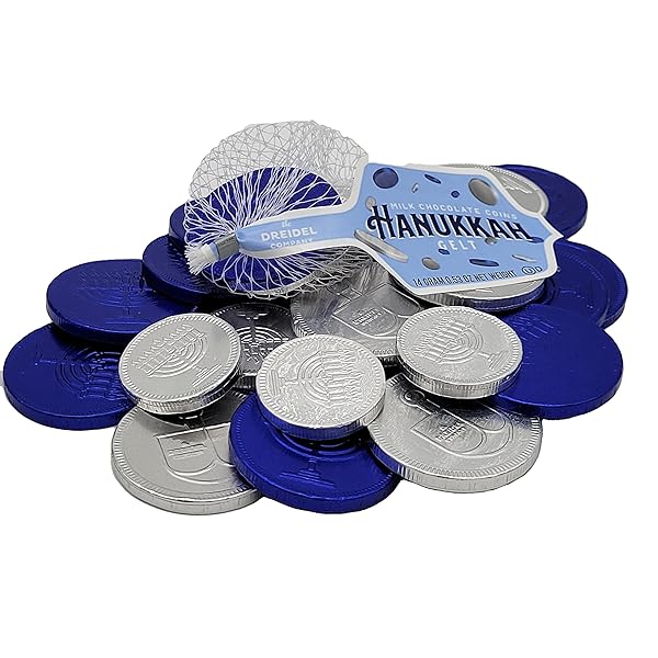 THE DREIDEL COMPANY 20 MESH BAGS ORIGINAL HANUKKAH GELT BLUE & SILVER COINS IN MESH BAGS, GLUTEN FREE, NON-GMO, KOSHER CERTIFIED