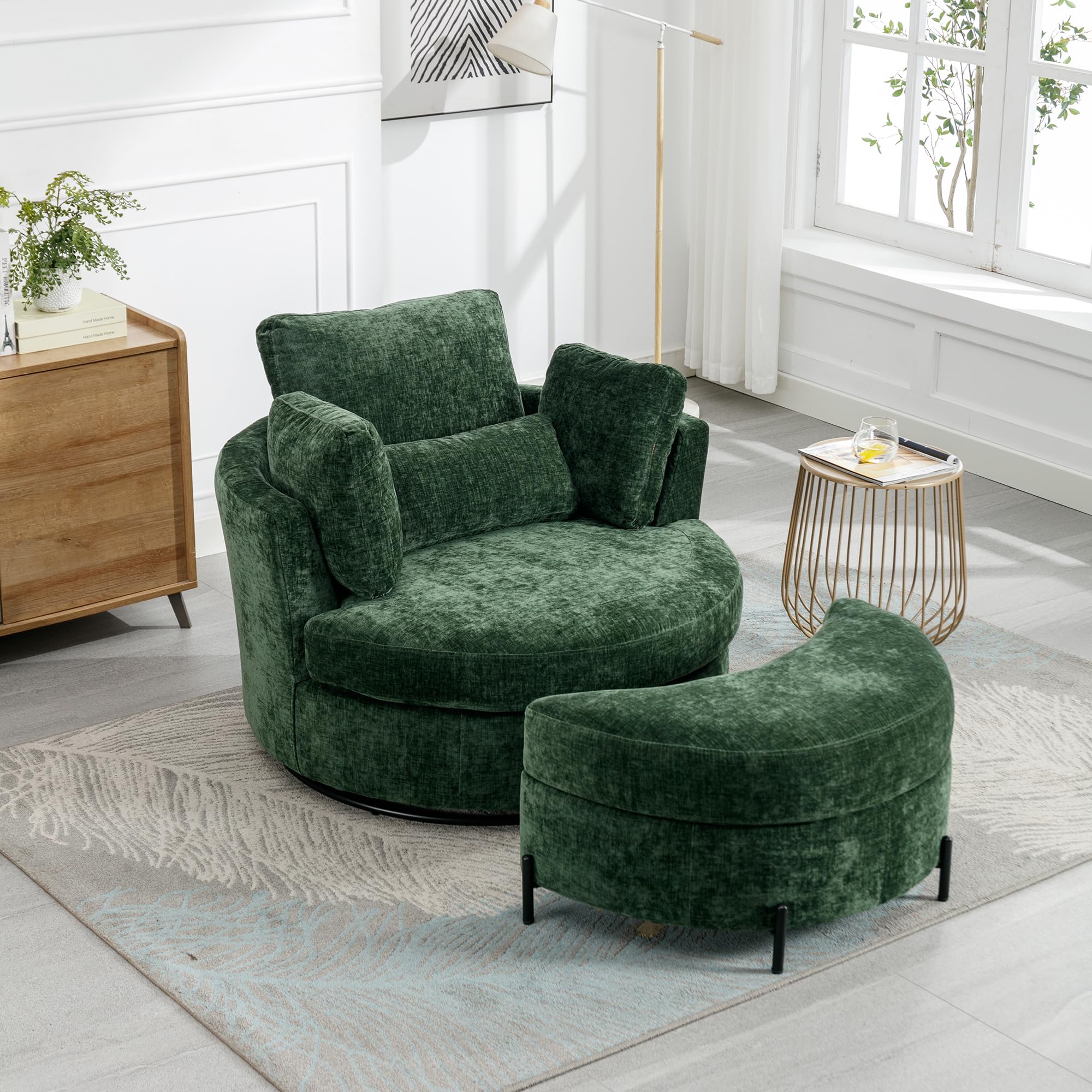 Photo 1 of HomSof 42.2" W Swivel Accent Barrel Chair and Half with Chenille Upholstered Half Crescent Moon Storage Bench Large Ottoman,Suitable for Living Room,Bedroom,Office and Other Places,Green