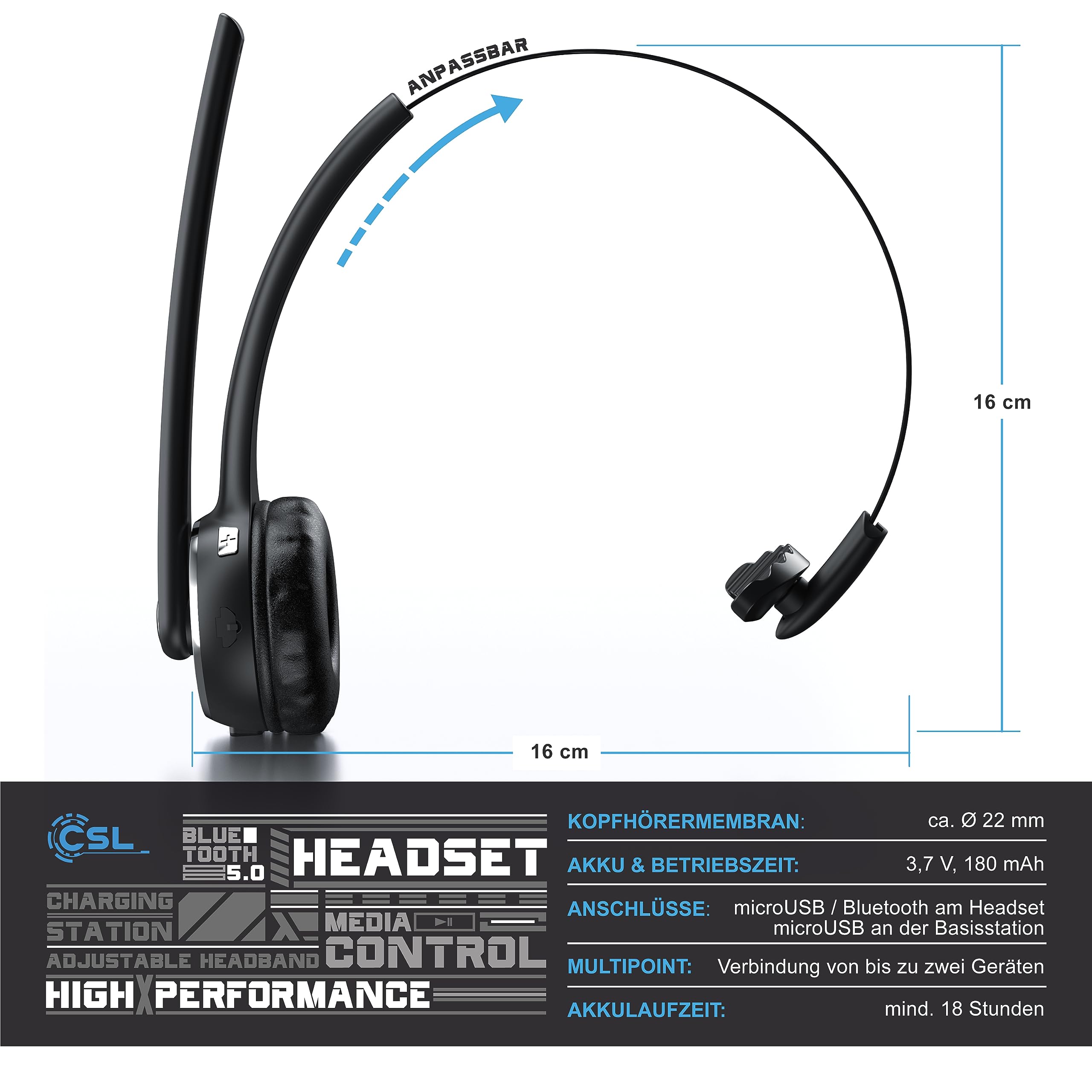 CSL - Bluetooth 5.0 Headset mit Ladestation - PC Headset mit flexiblem Mikrofon - Multipoint - kabellos - leicht - freisprechen - für Auto und LKW Computer Call Center Handys