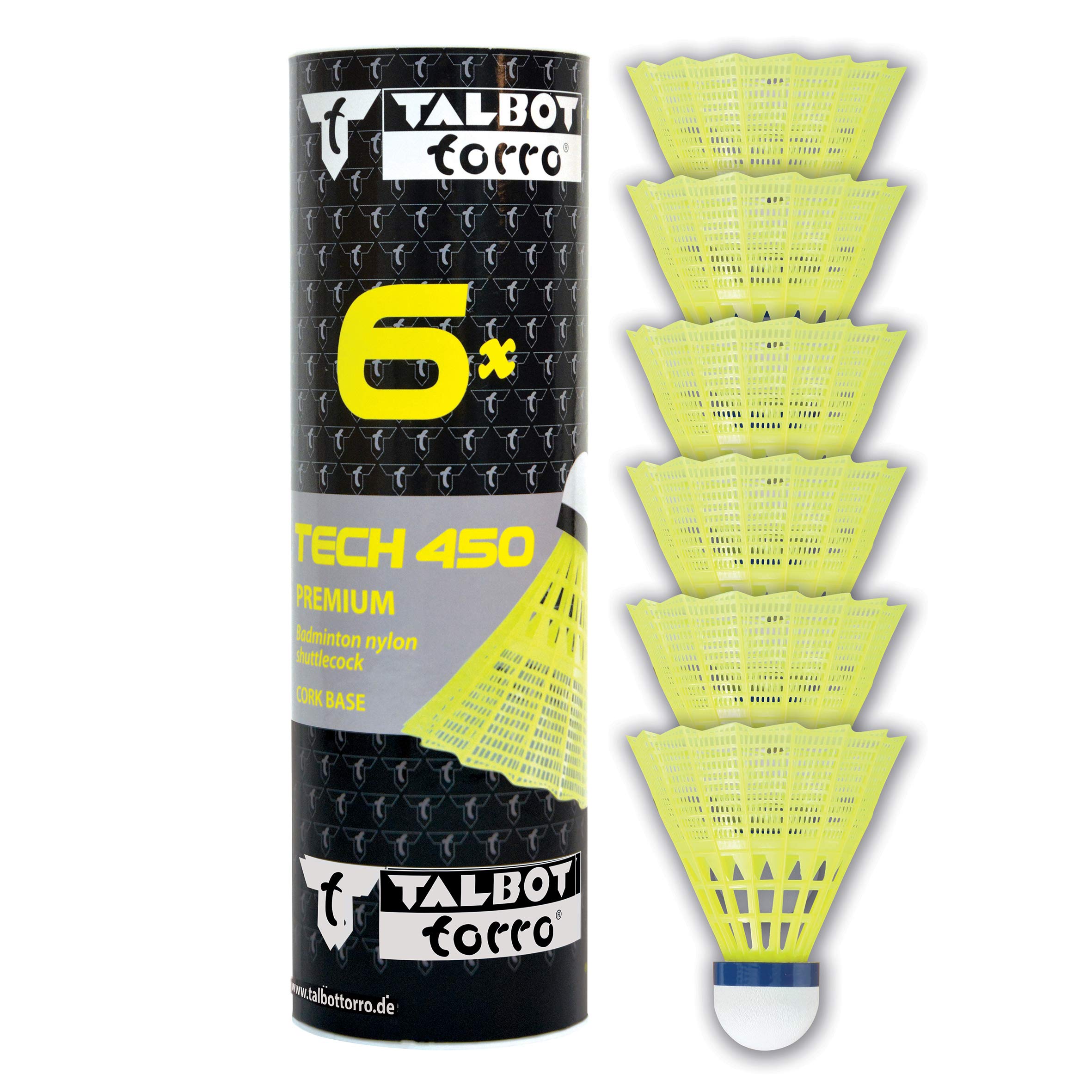 Talbot-Torro Badminton Shuttles Tech 450, 6 Pieces, Yellow, Speed: Blue/Medium, in Premium Nylon, 469183