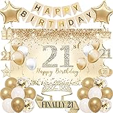 Trgowaul 21st Birthday Decorations for Her, 30pcs Champagne Gold Happy Birthday Party Supplies, 21st Crown and Sash, Banner, Hanging Swirl Flag, Balloons, 21 Year Old Party Decorations Kit