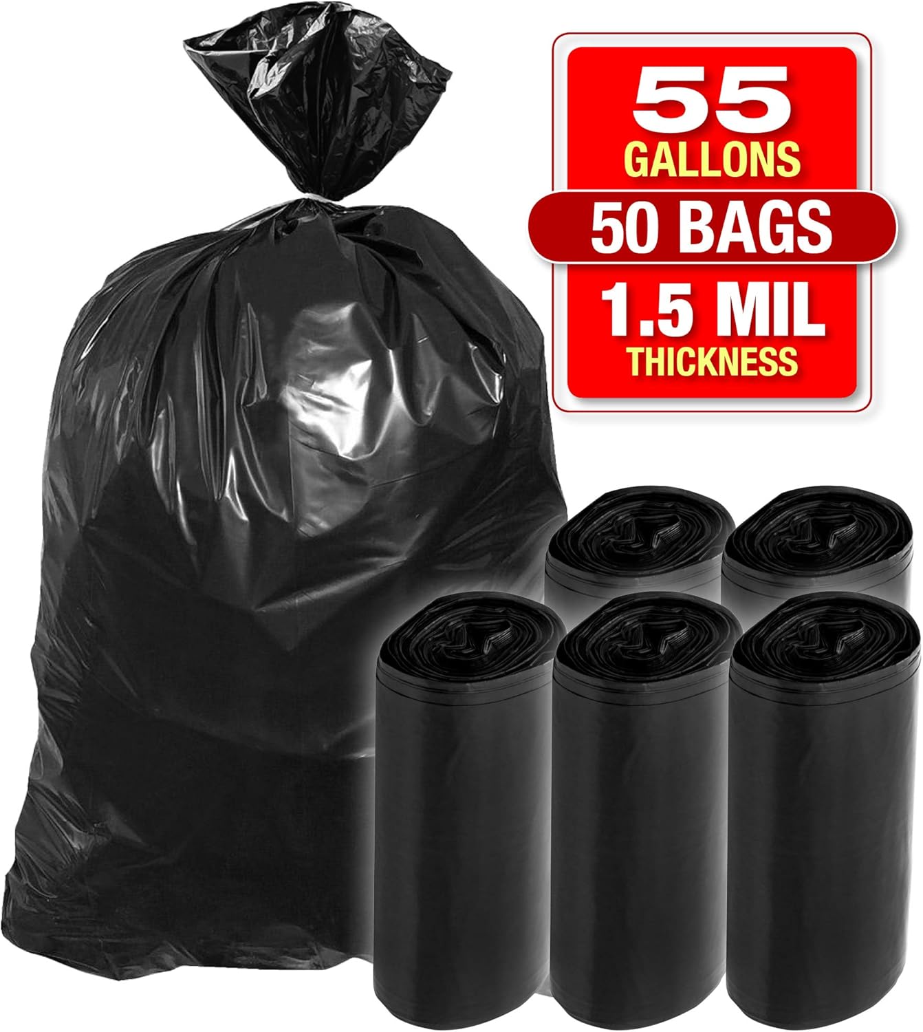Heavy Duty Black Trash Bags - 55 Gallon 50 PK Bags for Garbage, Storage - 1.5 Mil Thick, 35"Wx55"H Industrial Grade Trash Bags for Construction, Yard Work, Commercial Use - by Tougher Goods