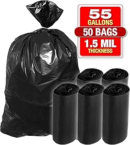 Heavy Duty Black Trash Bags - 55 Gallon 50 PK Bags for Garbage, Storage - 1.5 Mil Thick, 35"Wx55"H Industrial Grade Trash Bags for Construction, Yard Work, Commercial Use - by Tougher Goods