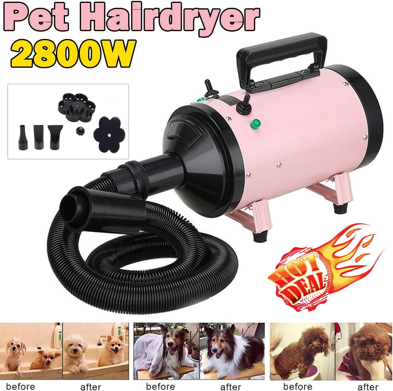 2800W Variable Speed Pet Grooming Hair Dryer High Velocity Heat Wind Dog Cat Hairdryer Blaster Fur Blower with 2 Gear Temperature & Flexible Hose & 3 Nozzles, Perfect For Dogs And Cats(Pink)
