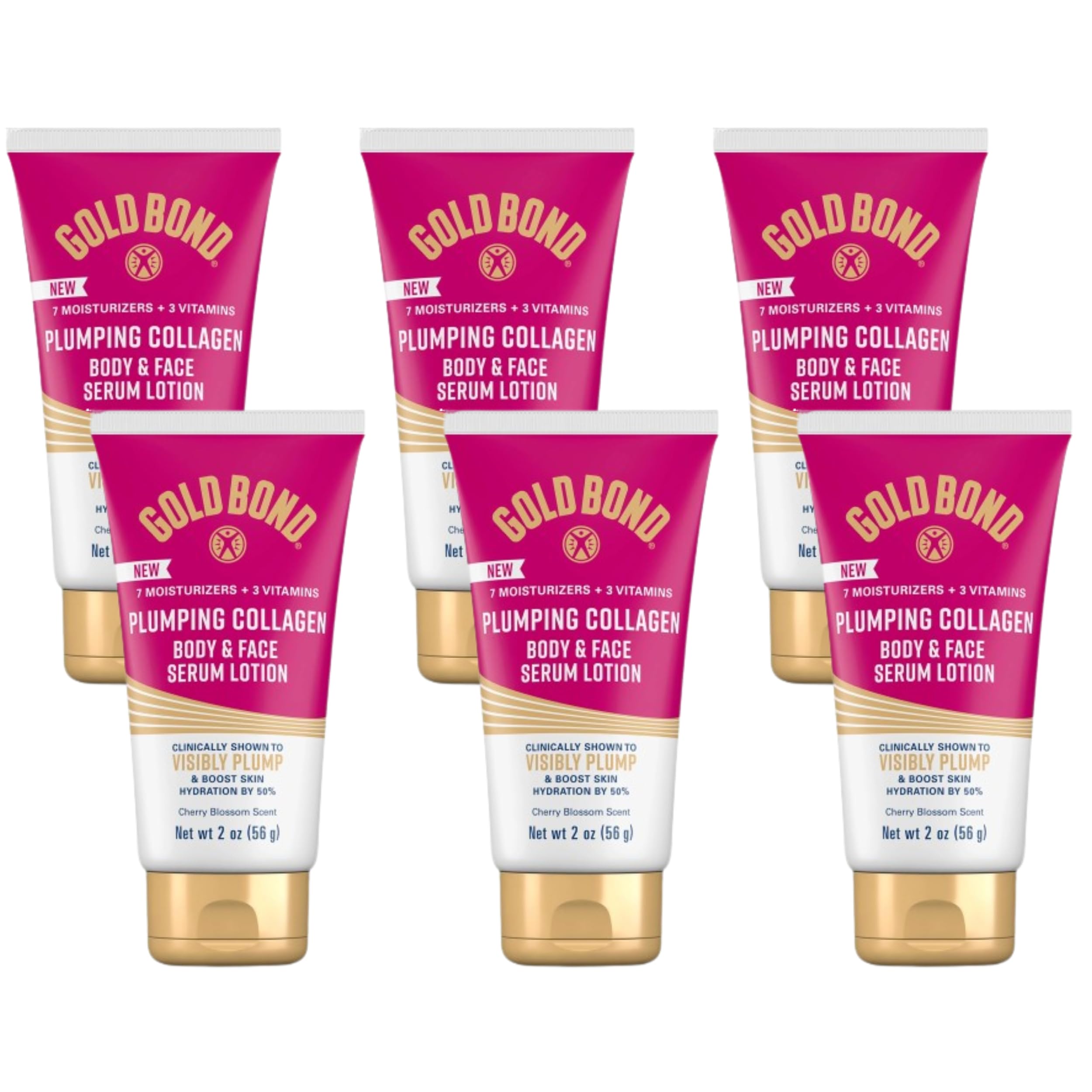 Gold Bond Plumping Collagen Body & Face Serum Lotion, Lightweight Hydrating Moisturizer with Collagen Peptide Complex, Jojoba & Grapeseed Oils to Visibly Plump Skin, Cherry Blossom Scent, 2 oz, 6 pack Image